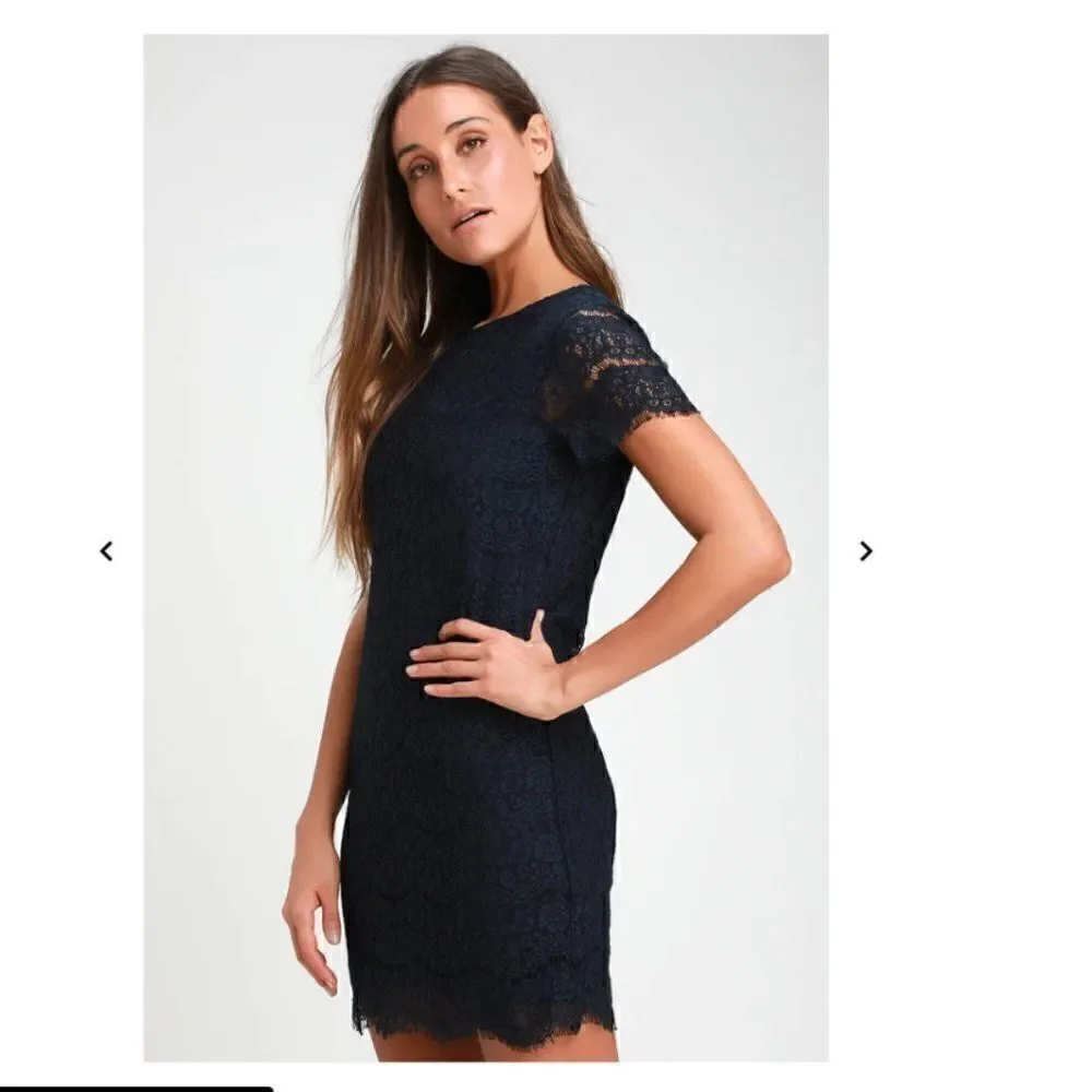 Lulus Take me to Brunch Navy Blue Lace Shift Dress M